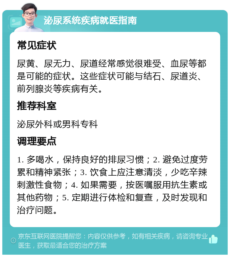 泌尿系统疾病就医指南 常见症状 尿黄、尿无力、尿道经常感觉很难受、血尿等都是可能的症状。这些症状可能与结石、尿道炎、前列腺炎等疾病有关。 推荐科室 泌尿外科或男科专科 调理要点 1. 多喝水，保持良好的排尿习惯；2. 避免过度劳累和精神紧张；3. 饮食上应注意清淡，少吃辛辣刺激性食物；4. 如果需要，按医嘱服用抗生素或其他药物；5. 定期进行体检和复查，及时发现和治疗问题。