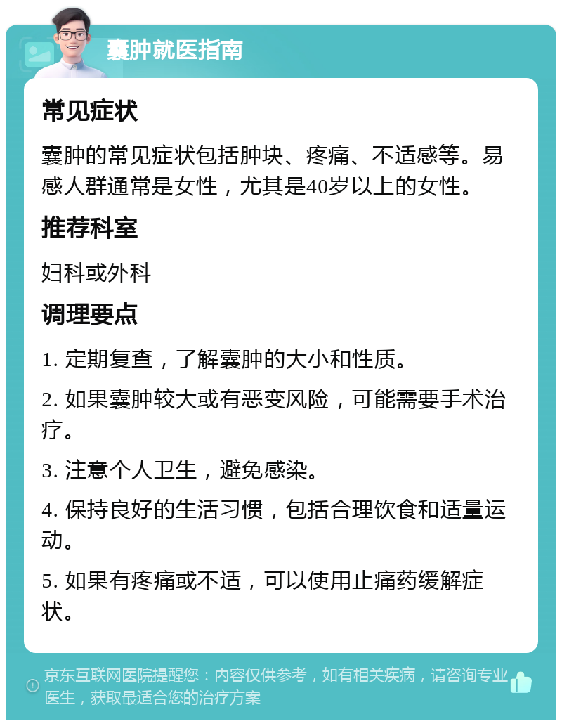 囊肿就医指南 常见症状 囊肿的常见症状包括肿块、疼痛、不适感等。易感人群通常是女性，尤其是40岁以上的女性。 推荐科室 妇科或外科 调理要点 1. 定期复查，了解囊肿的大小和性质。 2. 如果囊肿较大或有恶变风险，可能需要手术治疗。 3. 注意个人卫生，避免感染。 4. 保持良好的生活习惯，包括合理饮食和适量运动。 5. 如果有疼痛或不适，可以使用止痛药缓解症状。