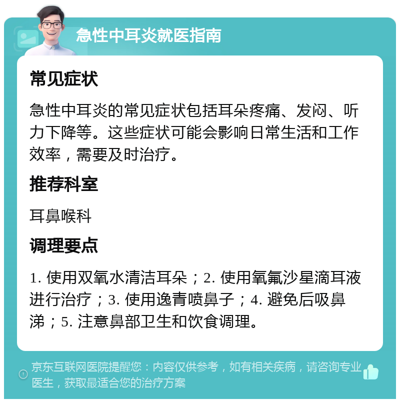 急性中耳炎就医指南 常见症状 急性中耳炎的常见症状包括耳朵疼痛、发闷、听力下降等。这些症状可能会影响日常生活和工作效率，需要及时治疗。 推荐科室 耳鼻喉科 调理要点 1. 使用双氧水清洁耳朵；2. 使用氧氟沙星滴耳液进行治疗；3. 使用逸青喷鼻子；4. 避免后吸鼻涕；5. 注意鼻部卫生和饮食调理。