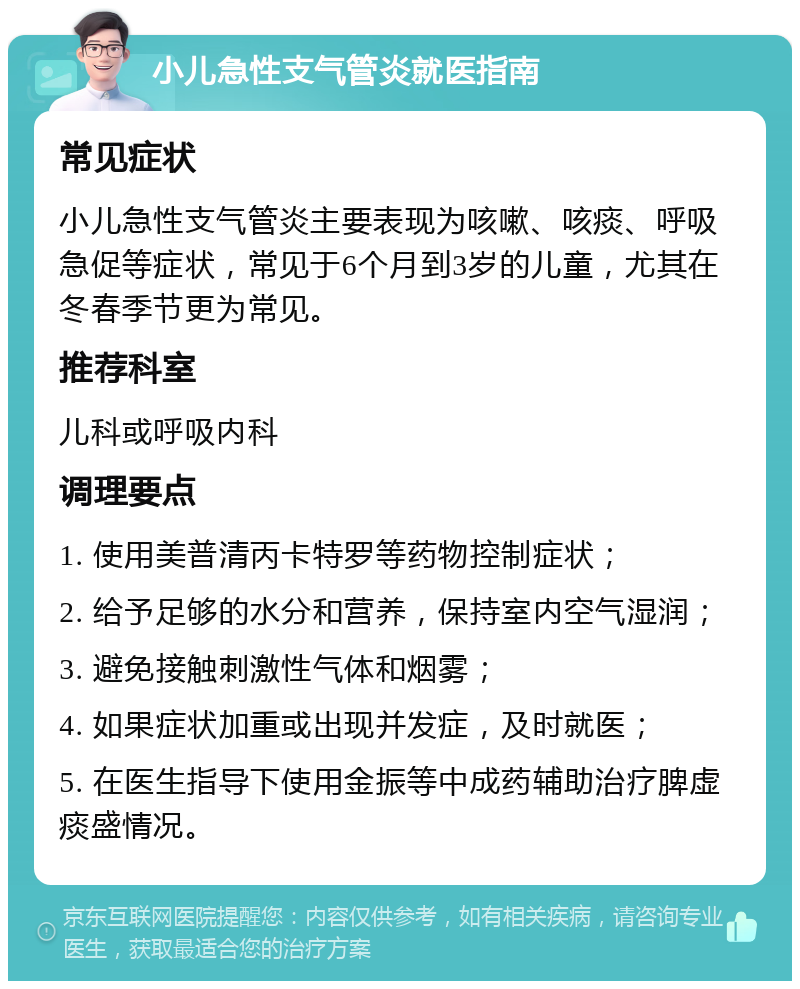 小儿急性支气管炎就医指南 常见症状 小儿急性支气管炎主要表现为咳嗽、咳痰、呼吸急促等症状，常见于6个月到3岁的儿童，尤其在冬春季节更为常见。 推荐科室 儿科或呼吸内科 调理要点 1. 使用美普清丙卡特罗等药物控制症状； 2. 给予足够的水分和营养，保持室内空气湿润； 3. 避免接触刺激性气体和烟雾； 4. 如果症状加重或出现并发症，及时就医； 5. 在医生指导下使用金振等中成药辅助治疗脾虚痰盛情况。