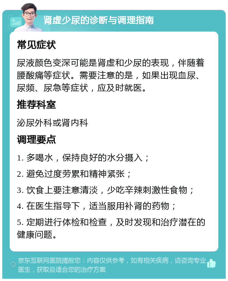 肾虚少尿的诊断与调理指南 常见症状 尿液颜色变深可能是肾虚和少尿的表现，伴随着腰酸痛等症状。需要注意的是，如果出现血尿、尿频、尿急等症状，应及时就医。 推荐科室 泌尿外科或肾内科 调理要点 1. 多喝水，保持良好的水分摄入； 2. 避免过度劳累和精神紧张； 3. 饮食上要注意清淡，少吃辛辣刺激性食物； 4. 在医生指导下，适当服用补肾的药物； 5. 定期进行体检和检查，及时发现和治疗潜在的健康问题。