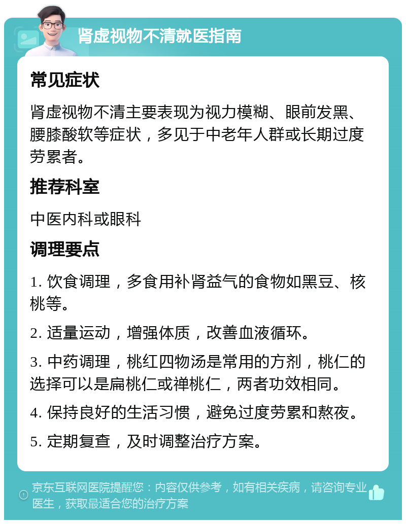 肾虚视物不清就医指南 常见症状 肾虚视物不清主要表现为视力模糊、眼前发黑、腰膝酸软等症状，多见于中老年人群或长期过度劳累者。 推荐科室 中医内科或眼科 调理要点 1. 饮食调理，多食用补肾益气的食物如黑豆、核桃等。 2. 适量运动，增强体质，改善血液循环。 3. 中药调理，桃红四物汤是常用的方剂，桃仁的选择可以是扁桃仁或禅桃仁，两者功效相同。 4. 保持良好的生活习惯，避免过度劳累和熬夜。 5. 定期复查，及时调整治疗方案。