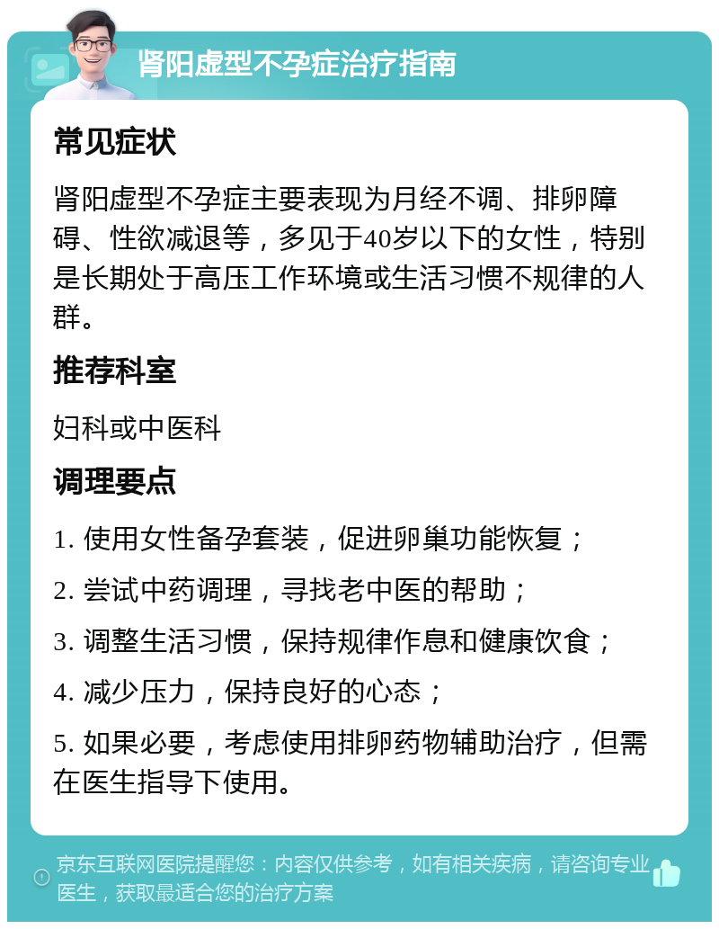 肾阳虚型不孕症治疗指南 常见症状 肾阳虚型不孕症主要表现为月经不调、排卵障碍、性欲减退等，多见于40岁以下的女性，特别是长期处于高压工作环境或生活习惯不规律的人群。 推荐科室 妇科或中医科 调理要点 1. 使用女性备孕套装，促进卵巢功能恢复； 2. 尝试中药调理，寻找老中医的帮助； 3. 调整生活习惯，保持规律作息和健康饮食； 4. 减少压力，保持良好的心态； 5. 如果必要，考虑使用排卵药物辅助治疗，但需在医生指导下使用。