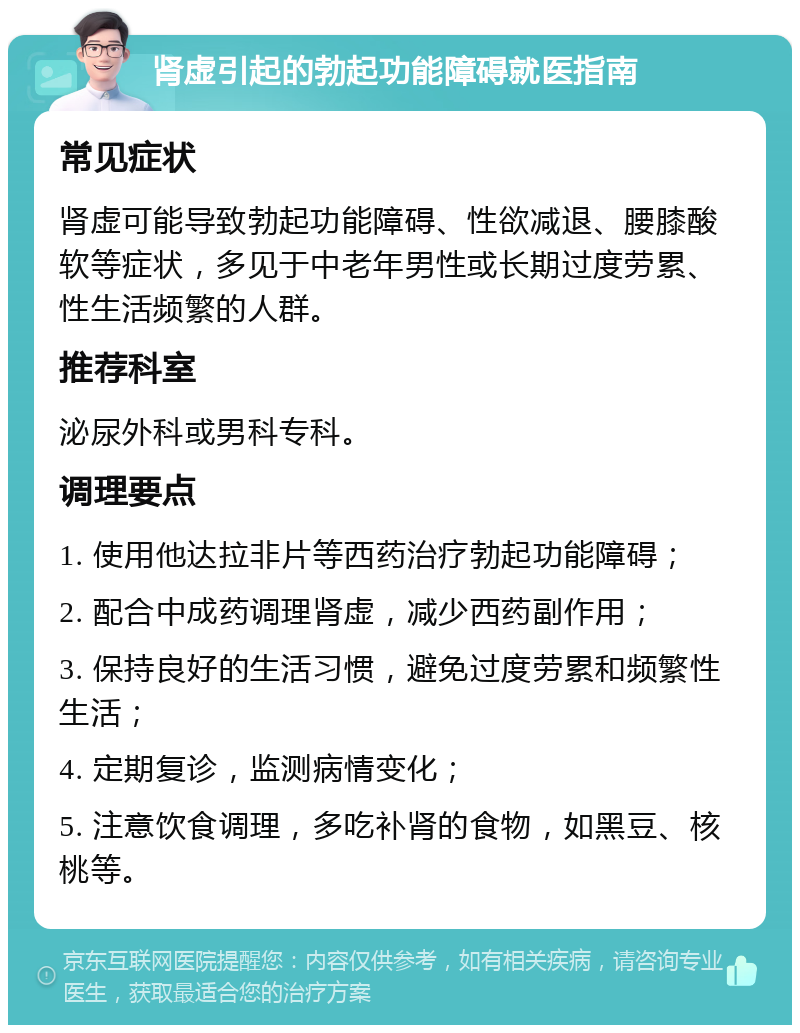 肾虚引起的勃起功能障碍就医指南 常见症状 肾虚可能导致勃起功能障碍、性欲减退、腰膝酸软等症状，多见于中老年男性或长期过度劳累、性生活频繁的人群。 推荐科室 泌尿外科或男科专科。 调理要点 1. 使用他达拉非片等西药治疗勃起功能障碍； 2. 配合中成药调理肾虚，减少西药副作用； 3. 保持良好的生活习惯，避免过度劳累和频繁性生活； 4. 定期复诊，监测病情变化； 5. 注意饮食调理，多吃补肾的食物，如黑豆、核桃等。