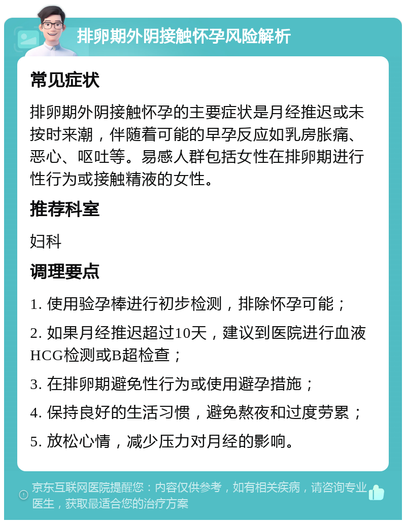 排卵期外阴接触怀孕风险解析 常见症状 排卵期外阴接触怀孕的主要症状是月经推迟或未按时来潮，伴随着可能的早孕反应如乳房胀痛、恶心、呕吐等。易感人群包括女性在排卵期进行性行为或接触精液的女性。 推荐科室 妇科 调理要点 1. 使用验孕棒进行初步检测，排除怀孕可能； 2. 如果月经推迟超过10天，建议到医院进行血液HCG检测或B超检查； 3. 在排卵期避免性行为或使用避孕措施； 4. 保持良好的生活习惯，避免熬夜和过度劳累； 5. 放松心情，减少压力对月经的影响。