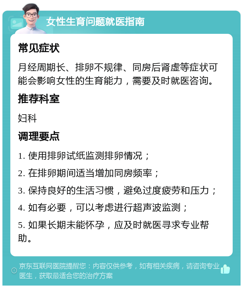 女性生育问题就医指南 常见症状 月经周期长、排卵不规律、同房后肾虚等症状可能会影响女性的生育能力，需要及时就医咨询。 推荐科室 妇科 调理要点 1. 使用排卵试纸监测排卵情况； 2. 在排卵期间适当增加同房频率； 3. 保持良好的生活习惯，避免过度疲劳和压力； 4. 如有必要，可以考虑进行超声波监测； 5. 如果长期未能怀孕，应及时就医寻求专业帮助。