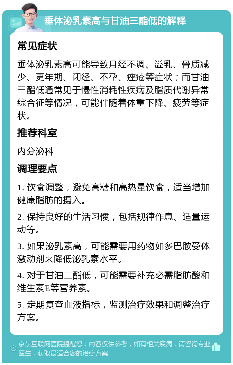 垂体泌乳素高与甘油三酯低的解释 常见症状 垂体泌乳素高可能导致月经不调、溢乳、骨质减少、更年期、闭经、不孕、痤疮等症状；而甘油三酯低通常见于慢性消耗性疾病及脂质代谢异常综合征等情况，可能伴随着体重下降、疲劳等症状。 推荐科室 内分泌科 调理要点 1. 饮食调整，避免高糖和高热量饮食，适当增加健康脂肪的摄入。 2. 保持良好的生活习惯，包括规律作息、适量运动等。 3. 如果泌乳素高，可能需要用药物如多巴胺受体激动剂来降低泌乳素水平。 4. 对于甘油三酯低，可能需要补充必需脂肪酸和维生素E等营养素。 5. 定期复查血液指标，监测治疗效果和调整治疗方案。