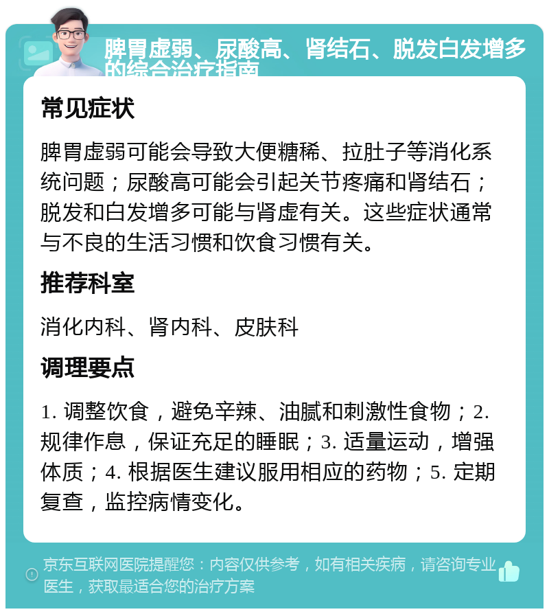 脾胃虚弱、尿酸高、肾结石、脱发白发增多的综合治疗指南 常见症状 脾胃虚弱可能会导致大便糖稀、拉肚子等消化系统问题；尿酸高可能会引起关节疼痛和肾结石；脱发和白发增多可能与肾虚有关。这些症状通常与不良的生活习惯和饮食习惯有关。 推荐科室 消化内科、肾内科、皮肤科 调理要点 1. 调整饮食，避免辛辣、油腻和刺激性食物；2. 规律作息，保证充足的睡眠；3. 适量运动，增强体质；4. 根据医生建议服用相应的药物；5. 定期复查，监控病情变化。