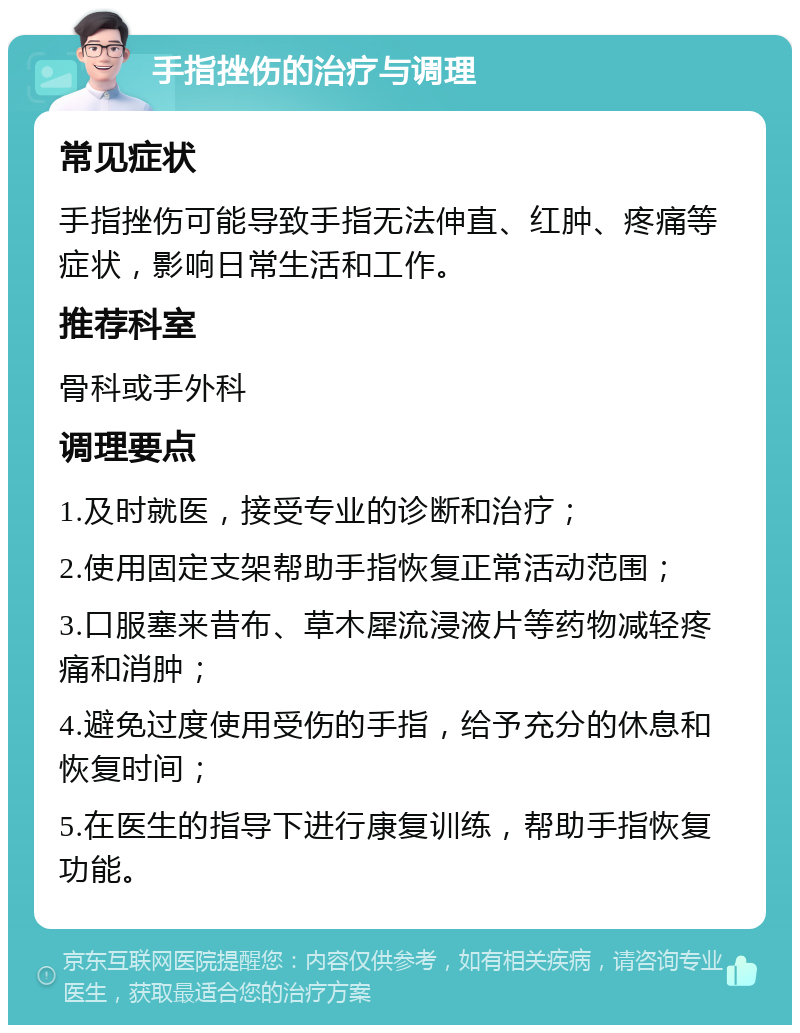 手指挫伤的治疗与调理 常见症状 手指挫伤可能导致手指无法伸直、红肿、疼痛等症状，影响日常生活和工作。 推荐科室 骨科或手外科 调理要点 1.及时就医，接受专业的诊断和治疗； 2.使用固定支架帮助手指恢复正常活动范围； 3.口服塞来昔布、草木犀流浸液片等药物减轻疼痛和消肿； 4.避免过度使用受伤的手指，给予充分的休息和恢复时间； 5.在医生的指导下进行康复训练，帮助手指恢复功能。