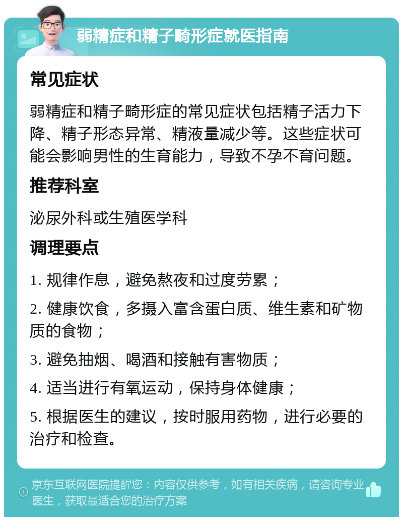 弱精症和精子畸形症就医指南 常见症状 弱精症和精子畸形症的常见症状包括精子活力下降、精子形态异常、精液量减少等。这些症状可能会影响男性的生育能力，导致不孕不育问题。 推荐科室 泌尿外科或生殖医学科 调理要点 1. 规律作息，避免熬夜和过度劳累； 2. 健康饮食，多摄入富含蛋白质、维生素和矿物质的食物； 3. 避免抽烟、喝酒和接触有害物质； 4. 适当进行有氧运动，保持身体健康； 5. 根据医生的建议，按时服用药物，进行必要的治疗和检查。