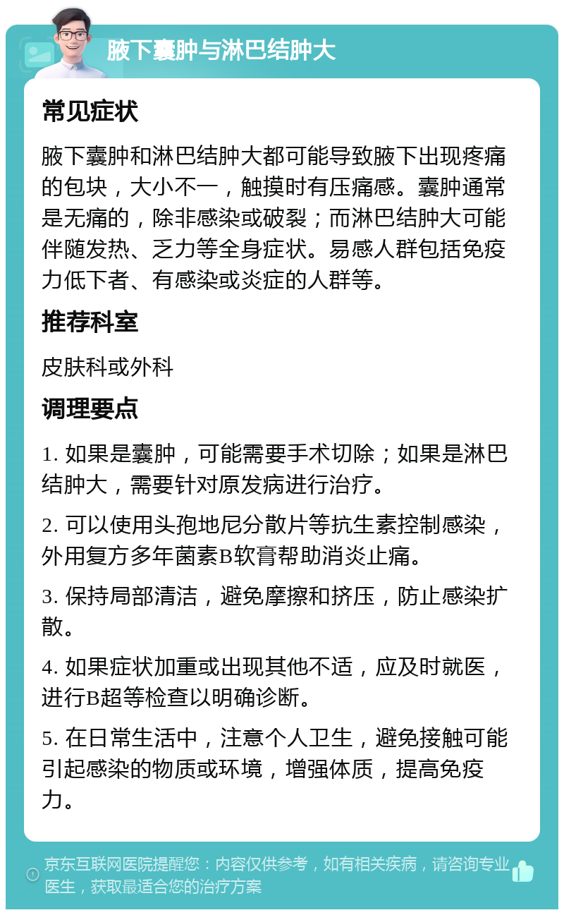 腋下囊肿与淋巴结肿大 常见症状 腋下囊肿和淋巴结肿大都可能导致腋下出现疼痛的包块，大小不一，触摸时有压痛感。囊肿通常是无痛的，除非感染或破裂；而淋巴结肿大可能伴随发热、乏力等全身症状。易感人群包括免疫力低下者、有感染或炎症的人群等。 推荐科室 皮肤科或外科 调理要点 1. 如果是囊肿，可能需要手术切除；如果是淋巴结肿大，需要针对原发病进行治疗。 2. 可以使用头孢地尼分散片等抗生素控制感染，外用复方多年菌素B软膏帮助消炎止痛。 3. 保持局部清洁，避免摩擦和挤压，防止感染扩散。 4. 如果症状加重或出现其他不适，应及时就医，进行B超等检查以明确诊断。 5. 在日常生活中，注意个人卫生，避免接触可能引起感染的物质或环境，增强体质，提高免疫力。