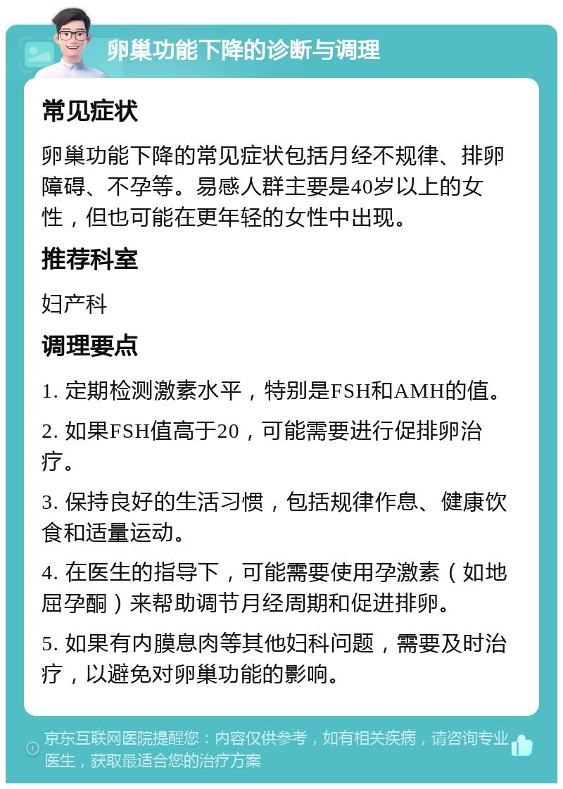 卵巢功能下降的诊断与调理 常见症状 卵巢功能下降的常见症状包括月经不规律、排卵障碍、不孕等。易感人群主要是40岁以上的女性，但也可能在更年轻的女性中出现。 推荐科室 妇产科 调理要点 1. 定期检测激素水平，特别是FSH和AMH的值。 2. 如果FSH值高于20，可能需要进行促排卵治疗。 3. 保持良好的生活习惯，包括规律作息、健康饮食和适量运动。 4. 在医生的指导下，可能需要使用孕激素（如地屈孕酮）来帮助调节月经周期和促进排卵。 5. 如果有内膜息肉等其他妇科问题，需要及时治疗，以避免对卵巢功能的影响。