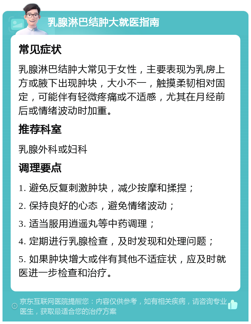 乳腺淋巴结肿大就医指南 常见症状 乳腺淋巴结肿大常见于女性，主要表现为乳房上方或腋下出现肿块，大小不一，触摸柔韧相对固定，可能伴有轻微疼痛或不适感，尤其在月经前后或情绪波动时加重。 推荐科室 乳腺外科或妇科 调理要点 1. 避免反复刺激肿块，减少按摩和揉捏； 2. 保持良好的心态，避免情绪波动； 3. 适当服用逍遥丸等中药调理； 4. 定期进行乳腺检查，及时发现和处理问题； 5. 如果肿块增大或伴有其他不适症状，应及时就医进一步检查和治疗。