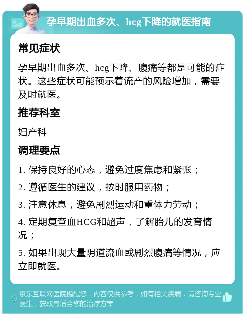 孕早期出血多次、hcg下降的就医指南 常见症状 孕早期出血多次、hcg下降、腹痛等都是可能的症状。这些症状可能预示着流产的风险增加，需要及时就医。 推荐科室 妇产科 调理要点 1. 保持良好的心态，避免过度焦虑和紧张； 2. 遵循医生的建议，按时服用药物； 3. 注意休息，避免剧烈运动和重体力劳动； 4. 定期复查血HCG和超声，了解胎儿的发育情况； 5. 如果出现大量阴道流血或剧烈腹痛等情况，应立即就医。