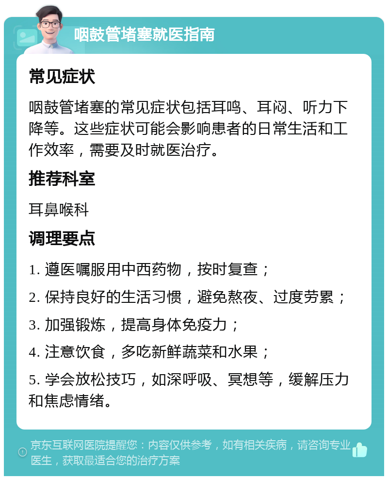 咽鼓管堵塞就医指南 常见症状 咽鼓管堵塞的常见症状包括耳鸣、耳闷、听力下降等。这些症状可能会影响患者的日常生活和工作效率，需要及时就医治疗。 推荐科室 耳鼻喉科 调理要点 1. 遵医嘱服用中西药物，按时复查； 2. 保持良好的生活习惯，避免熬夜、过度劳累； 3. 加强锻炼，提高身体免疫力； 4. 注意饮食，多吃新鲜蔬菜和水果； 5. 学会放松技巧，如深呼吸、冥想等，缓解压力和焦虑情绪。