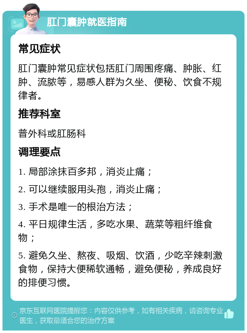 肛门囊肿就医指南 常见症状 肛门囊肿常见症状包括肛门周围疼痛、肿胀、红肿、流脓等，易感人群为久坐、便秘、饮食不规律者。 推荐科室 普外科或肛肠科 调理要点 1. 局部涂抹百多邦，消炎止痛； 2. 可以继续服用头孢，消炎止痛； 3. 手术是唯一的根治方法； 4. 平日规律生活，多吃水果、蔬菜等粗纤维食物； 5. 避免久坐、熬夜、吸烟、饮酒，少吃辛辣刺激食物，保持大便稀软通畅，避免便秘，养成良好的排便习惯。