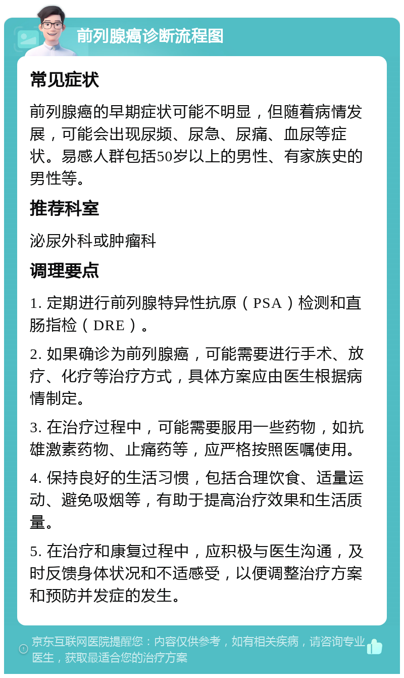 前列腺癌诊断流程图 常见症状 前列腺癌的早期症状可能不明显，但随着病情发展，可能会出现尿频、尿急、尿痛、血尿等症状。易感人群包括50岁以上的男性、有家族史的男性等。 推荐科室 泌尿外科或肿瘤科 调理要点 1. 定期进行前列腺特异性抗原（PSA）检测和直肠指检（DRE）。 2. 如果确诊为前列腺癌，可能需要进行手术、放疗、化疗等治疗方式，具体方案应由医生根据病情制定。 3. 在治疗过程中，可能需要服用一些药物，如抗雄激素药物、止痛药等，应严格按照医嘱使用。 4. 保持良好的生活习惯，包括合理饮食、适量运动、避免吸烟等，有助于提高治疗效果和生活质量。 5. 在治疗和康复过程中，应积极与医生沟通，及时反馈身体状况和不适感受，以便调整治疗方案和预防并发症的发生。