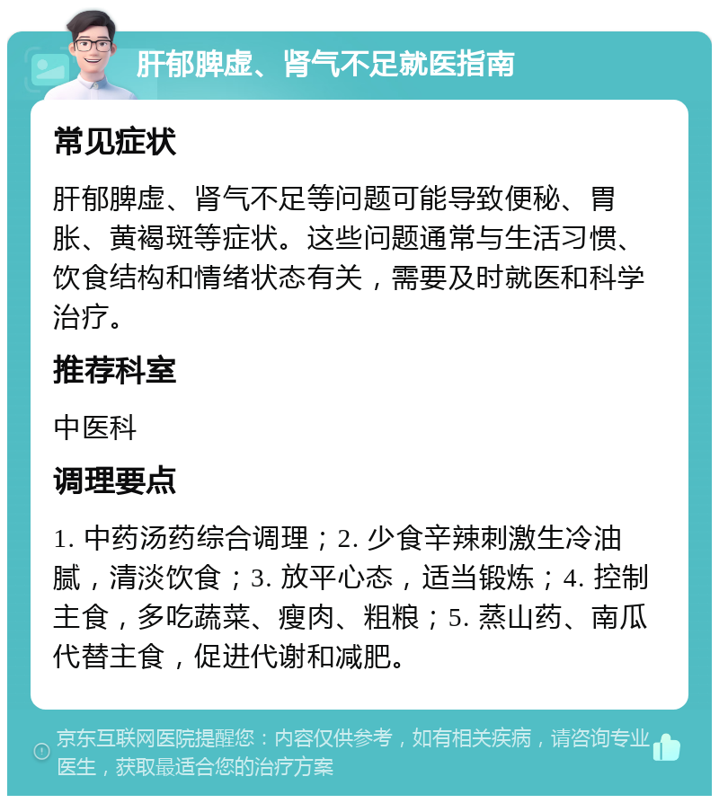 肝郁脾虚、肾气不足就医指南 常见症状 肝郁脾虚、肾气不足等问题可能导致便秘、胃胀、黄褐斑等症状。这些问题通常与生活习惯、饮食结构和情绪状态有关，需要及时就医和科学治疗。 推荐科室 中医科 调理要点 1. 中药汤药综合调理；2. 少食辛辣刺激生冷油腻，清淡饮食；3. 放平心态，适当锻炼；4. 控制主食，多吃蔬菜、瘦肉、粗粮；5. 蒸山药、南瓜代替主食，促进代谢和减肥。