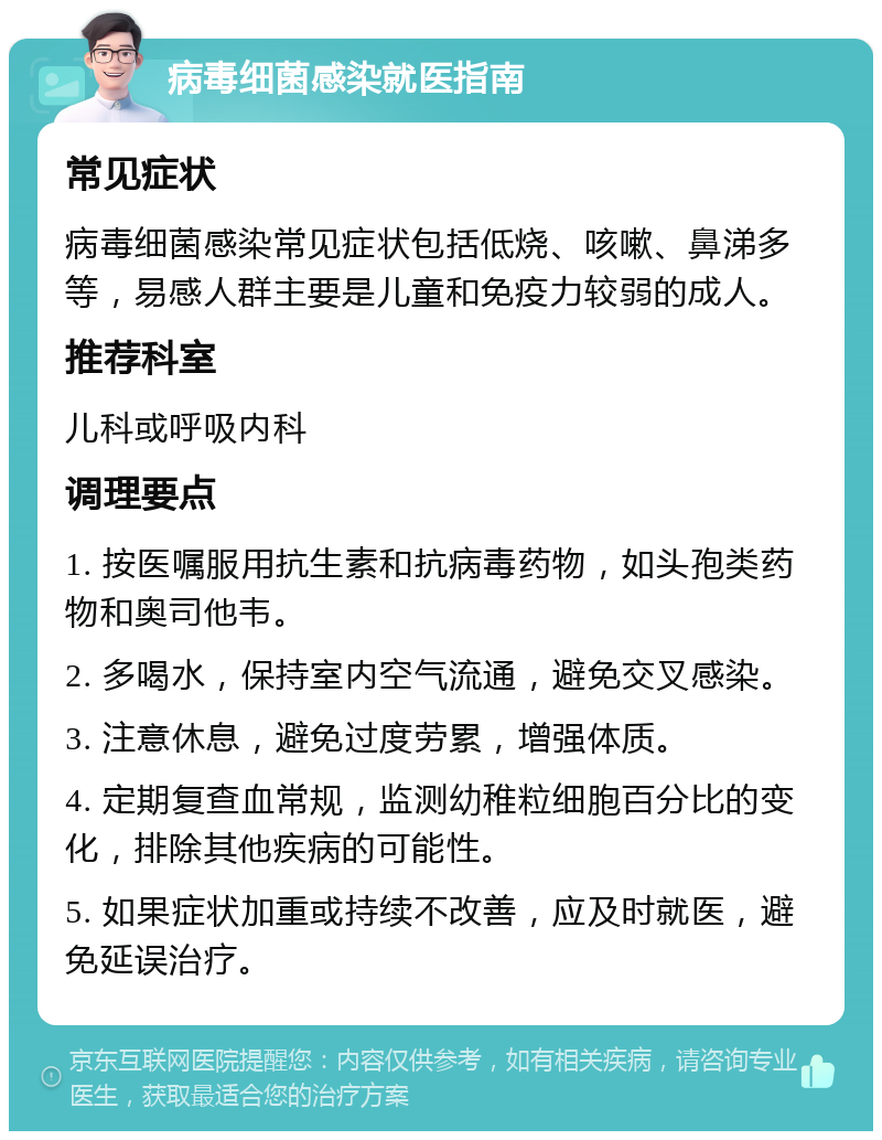 病毒细菌感染就医指南 常见症状 病毒细菌感染常见症状包括低烧、咳嗽、鼻涕多等，易感人群主要是儿童和免疫力较弱的成人。 推荐科室 儿科或呼吸内科 调理要点 1. 按医嘱服用抗生素和抗病毒药物，如头孢类药物和奥司他韦。 2. 多喝水，保持室内空气流通，避免交叉感染。 3. 注意休息，避免过度劳累，增强体质。 4. 定期复查血常规，监测幼稚粒细胞百分比的变化，排除其他疾病的可能性。 5. 如果症状加重或持续不改善，应及时就医，避免延误治疗。