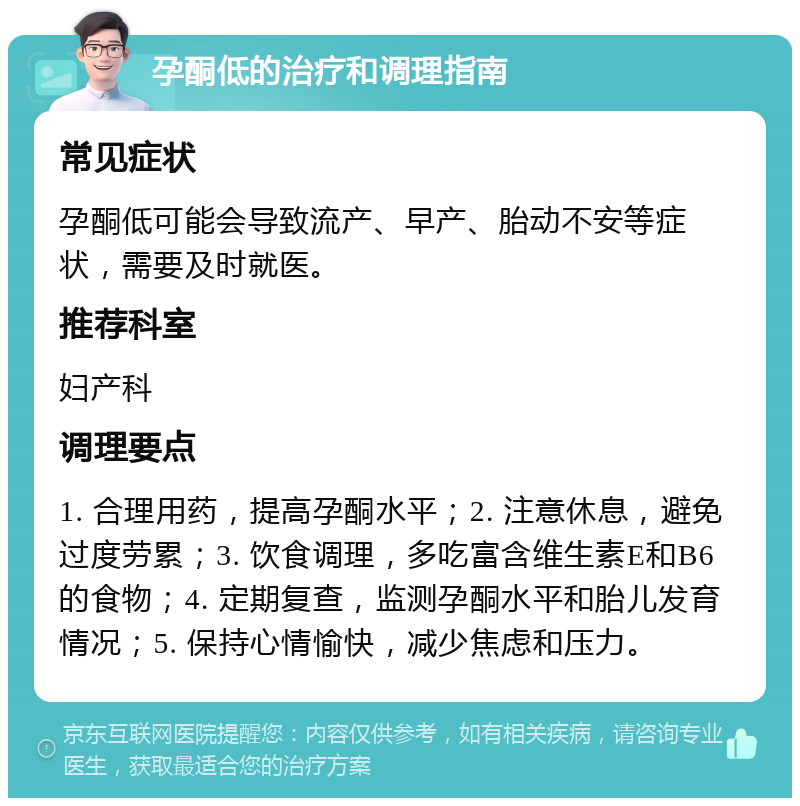 孕酮低的治疗和调理指南 常见症状 孕酮低可能会导致流产、早产、胎动不安等症状，需要及时就医。 推荐科室 妇产科 调理要点 1. 合理用药，提高孕酮水平；2. 注意休息，避免过度劳累；3. 饮食调理，多吃富含维生素E和B6的食物；4. 定期复查，监测孕酮水平和胎儿发育情况；5. 保持心情愉快，减少焦虑和压力。