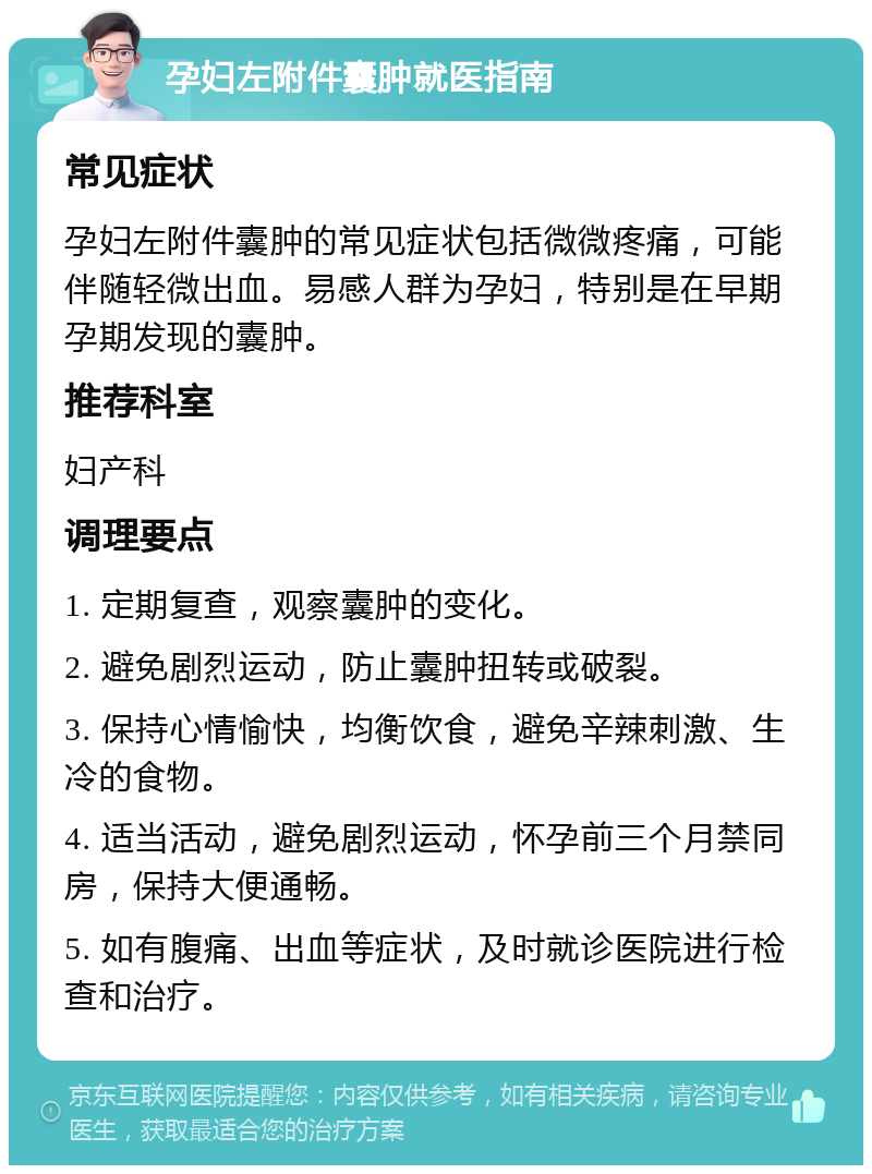 孕妇左附件囊肿就医指南 常见症状 孕妇左附件囊肿的常见症状包括微微疼痛，可能伴随轻微出血。易感人群为孕妇，特别是在早期孕期发现的囊肿。 推荐科室 妇产科 调理要点 1. 定期复查，观察囊肿的变化。 2. 避免剧烈运动，防止囊肿扭转或破裂。 3. 保持心情愉快，均衡饮食，避免辛辣刺激、生冷的食物。 4. 适当活动，避免剧烈运动，怀孕前三个月禁同房，保持大便通畅。 5. 如有腹痛、出血等症状，及时就诊医院进行检查和治疗。