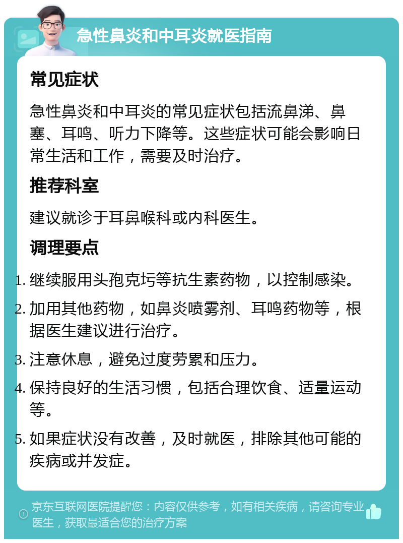 急性鼻炎和中耳炎就医指南 常见症状 急性鼻炎和中耳炎的常见症状包括流鼻涕、鼻塞、耳鸣、听力下降等。这些症状可能会影响日常生活和工作，需要及时治疗。 推荐科室 建议就诊于耳鼻喉科或内科医生。 调理要点 继续服用头孢克圬等抗生素药物，以控制感染。 加用其他药物，如鼻炎喷雾剂、耳鸣药物等，根据医生建议进行治疗。 注意休息，避免过度劳累和压力。 保持良好的生活习惯，包括合理饮食、适量运动等。 如果症状没有改善，及时就医，排除其他可能的疾病或并发症。