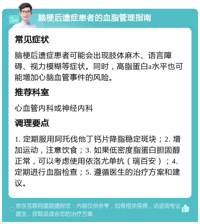 脑梗后遗症患者的血脂管理指南 常见症状 脑梗后遗症患者可能会出现肢体麻木、语言障碍、视力模糊等症状。同时，高脂蛋白a水平也可能增加心脑血管事件的风险。 推荐科室 心血管内科或神经内科 调理要点 1. 定期服用阿托伐他丁钙片降脂稳定斑块；2. 增加运动，注意饮食；3. 如果低密度脂蛋白胆固醇正常，可以考虑使用依洛尤单抗（瑞百安）；4. 定期进行血脂检查；5. 遵循医生的治疗方案和建议。