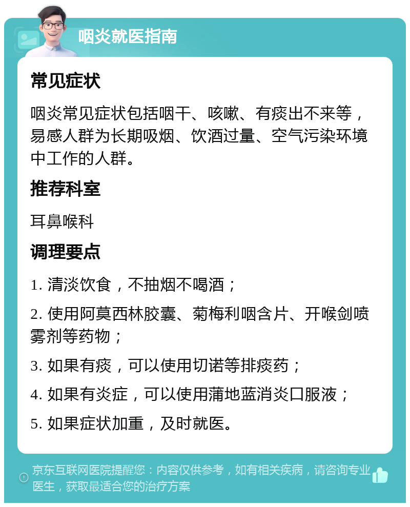 咽炎就医指南 常见症状 咽炎常见症状包括咽干、咳嗽、有痰出不来等，易感人群为长期吸烟、饮酒过量、空气污染环境中工作的人群。 推荐科室 耳鼻喉科 调理要点 1. 清淡饮食，不抽烟不喝酒； 2. 使用阿莫西林胶囊、菊梅利咽含片、开喉剑喷雾剂等药物； 3. 如果有痰，可以使用切诺等排痰药； 4. 如果有炎症，可以使用蒲地蓝消炎口服液； 5. 如果症状加重，及时就医。