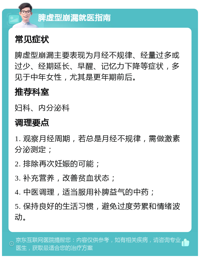 脾虚型崩漏就医指南 常见症状 脾虚型崩漏主要表现为月经不规律、经量过多或过少、经期延长、早醒、记忆力下降等症状，多见于中年女性，尤其是更年期前后。 推荐科室 妇科、内分泌科 调理要点 1. 观察月经周期，若总是月经不规律，需做激素分泌测定； 2. 排除再次妊娠的可能； 3. 补充营养，改善贫血状态； 4. 中医调理，适当服用补脾益气的中药； 5. 保持良好的生活习惯，避免过度劳累和情绪波动。