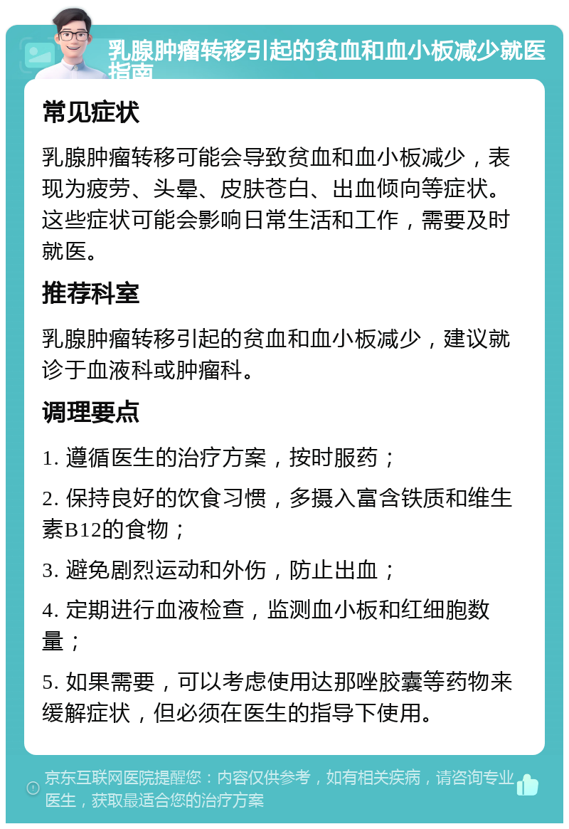 乳腺肿瘤转移引起的贫血和血小板减少就医指南 常见症状 乳腺肿瘤转移可能会导致贫血和血小板减少，表现为疲劳、头晕、皮肤苍白、出血倾向等症状。这些症状可能会影响日常生活和工作，需要及时就医。 推荐科室 乳腺肿瘤转移引起的贫血和血小板减少，建议就诊于血液科或肿瘤科。 调理要点 1. 遵循医生的治疗方案，按时服药； 2. 保持良好的饮食习惯，多摄入富含铁质和维生素B12的食物； 3. 避免剧烈运动和外伤，防止出血； 4. 定期进行血液检查，监测血小板和红细胞数量； 5. 如果需要，可以考虑使用达那唑胶囊等药物来缓解症状，但必须在医生的指导下使用。