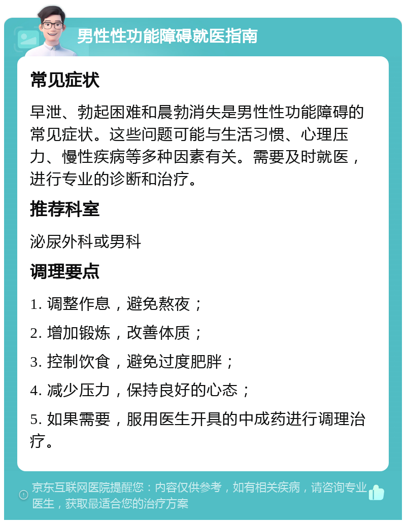 男性性功能障碍就医指南 常见症状 早泄、勃起困难和晨勃消失是男性性功能障碍的常见症状。这些问题可能与生活习惯、心理压力、慢性疾病等多种因素有关。需要及时就医，进行专业的诊断和治疗。 推荐科室 泌尿外科或男科 调理要点 1. 调整作息，避免熬夜； 2. 增加锻炼，改善体质； 3. 控制饮食，避免过度肥胖； 4. 减少压力，保持良好的心态； 5. 如果需要，服用医生开具的中成药进行调理治疗。