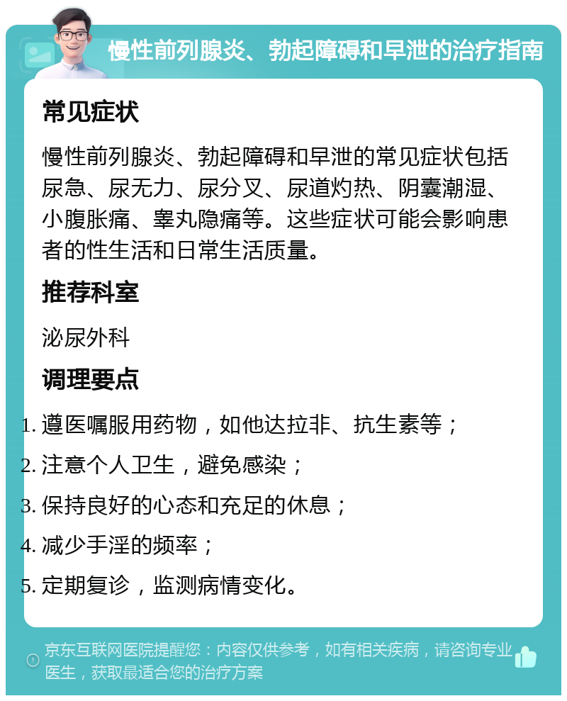 慢性前列腺炎、勃起障碍和早泄的治疗指南 常见症状 慢性前列腺炎、勃起障碍和早泄的常见症状包括尿急、尿无力、尿分叉、尿道灼热、阴囊潮湿、小腹胀痛、睾丸隐痛等。这些症状可能会影响患者的性生活和日常生活质量。 推荐科室 泌尿外科 调理要点 遵医嘱服用药物，如他达拉非、抗生素等； 注意个人卫生，避免感染； 保持良好的心态和充足的休息； 减少手淫的频率； 定期复诊，监测病情变化。