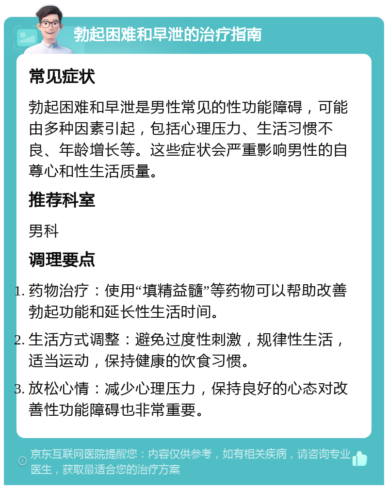 勃起困难和早泄的治疗指南 常见症状 勃起困难和早泄是男性常见的性功能障碍，可能由多种因素引起，包括心理压力、生活习惯不良、年龄增长等。这些症状会严重影响男性的自尊心和性生活质量。 推荐科室 男科 调理要点 药物治疗：使用“填精益髓”等药物可以帮助改善勃起功能和延长性生活时间。 生活方式调整：避免过度性刺激，规律性生活，适当运动，保持健康的饮食习惯。 放松心情：减少心理压力，保持良好的心态对改善性功能障碍也非常重要。