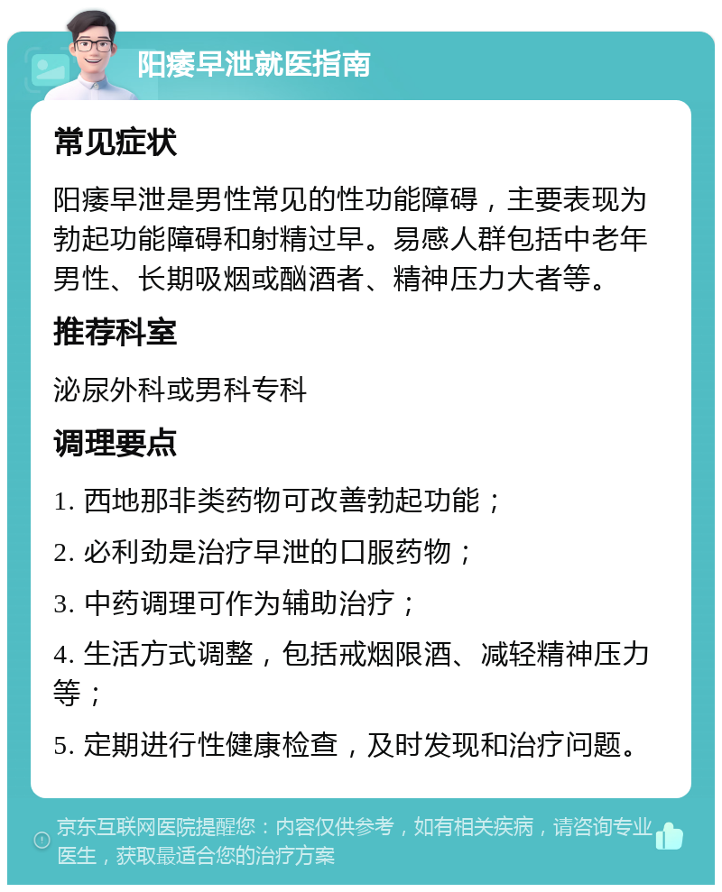 阳痿早泄就医指南 常见症状 阳痿早泄是男性常见的性功能障碍，主要表现为勃起功能障碍和射精过早。易感人群包括中老年男性、长期吸烟或酗酒者、精神压力大者等。 推荐科室 泌尿外科或男科专科 调理要点 1. 西地那非类药物可改善勃起功能； 2. 必利劲是治疗早泄的口服药物； 3. 中药调理可作为辅助治疗； 4. 生活方式调整，包括戒烟限酒、减轻精神压力等； 5. 定期进行性健康检查，及时发现和治疗问题。