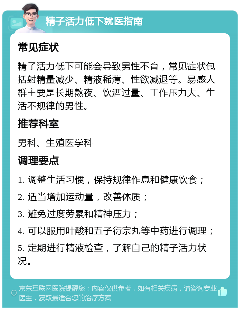 精子活力低下就医指南 常见症状 精子活力低下可能会导致男性不育，常见症状包括射精量减少、精液稀薄、性欲减退等。易感人群主要是长期熬夜、饮酒过量、工作压力大、生活不规律的男性。 推荐科室 男科、生殖医学科 调理要点 1. 调整生活习惯，保持规律作息和健康饮食； 2. 适当增加运动量，改善体质； 3. 避免过度劳累和精神压力； 4. 可以服用叶酸和五子衍宗丸等中药进行调理； 5. 定期进行精液检查，了解自己的精子活力状况。