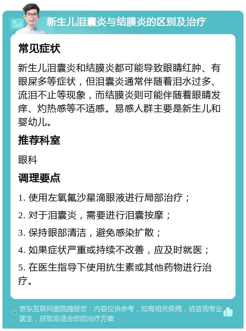 新生儿泪囊炎与结膜炎的区别及治疗 常见症状 新生儿泪囊炎和结膜炎都可能导致眼睛红肿、有眼屎多等症状，但泪囊炎通常伴随着泪水过多、流泪不止等现象，而结膜炎则可能伴随着眼睛发痒、灼热感等不适感。易感人群主要是新生儿和婴幼儿。 推荐科室 眼科 调理要点 1. 使用左氧氟沙星滴眼液进行局部治疗； 2. 对于泪囊炎，需要进行泪囊按摩； 3. 保持眼部清洁，避免感染扩散； 4. 如果症状严重或持续不改善，应及时就医； 5. 在医生指导下使用抗生素或其他药物进行治疗。