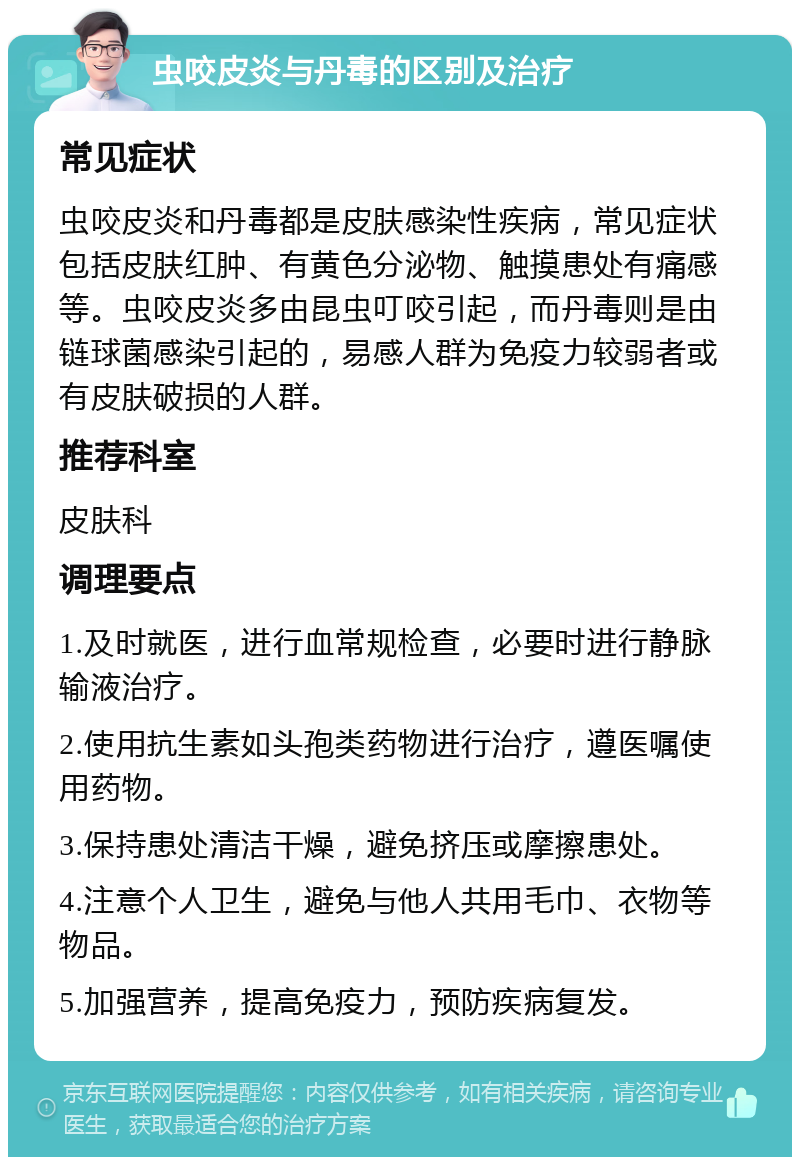 虫咬皮炎与丹毒的区别及治疗 常见症状 虫咬皮炎和丹毒都是皮肤感染性疾病，常见症状包括皮肤红肿、有黄色分泌物、触摸患处有痛感等。虫咬皮炎多由昆虫叮咬引起，而丹毒则是由链球菌感染引起的，易感人群为免疫力较弱者或有皮肤破损的人群。 推荐科室 皮肤科 调理要点 1.及时就医，进行血常规检查，必要时进行静脉输液治疗。 2.使用抗生素如头孢类药物进行治疗，遵医嘱使用药物。 3.保持患处清洁干燥，避免挤压或摩擦患处。 4.注意个人卫生，避免与他人共用毛巾、衣物等物品。 5.加强营养，提高免疫力，预防疾病复发。