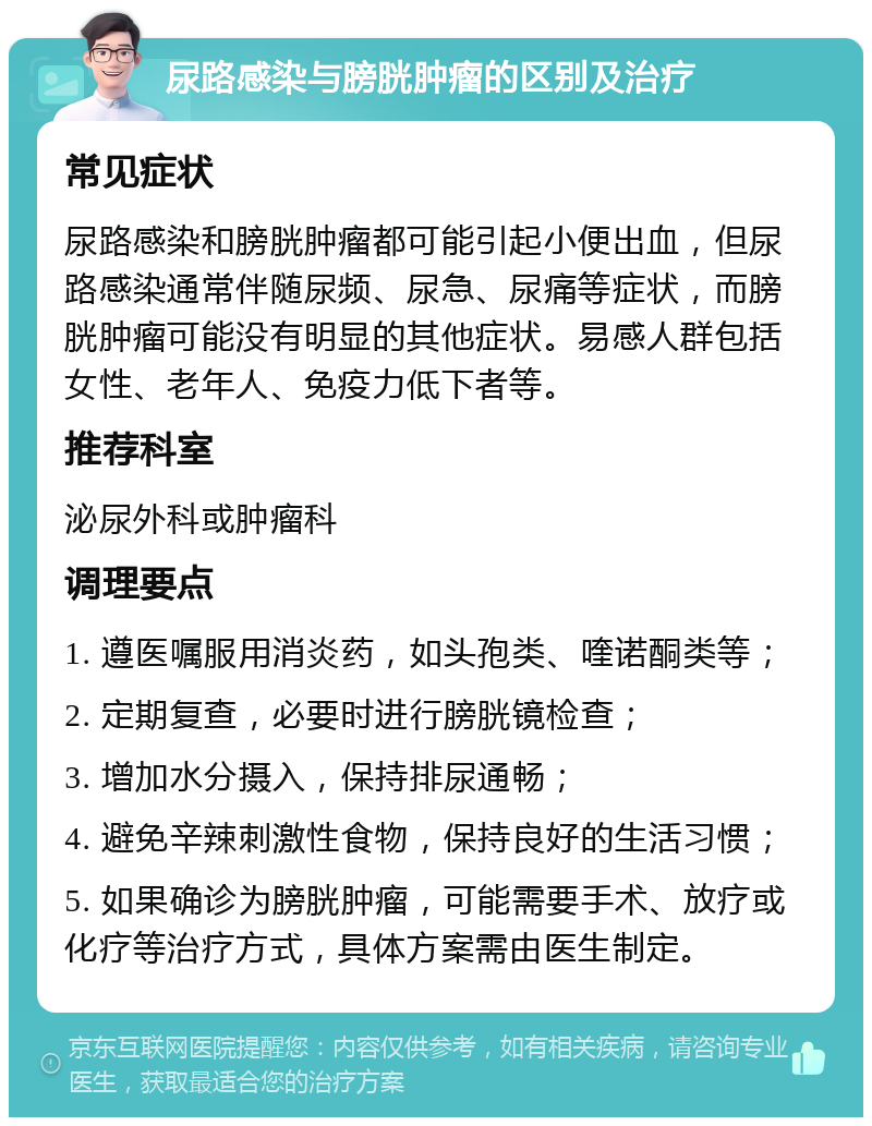 尿路感染与膀胱肿瘤的区别及治疗 常见症状 尿路感染和膀胱肿瘤都可能引起小便出血，但尿路感染通常伴随尿频、尿急、尿痛等症状，而膀胱肿瘤可能没有明显的其他症状。易感人群包括女性、老年人、免疫力低下者等。 推荐科室 泌尿外科或肿瘤科 调理要点 1. 遵医嘱服用消炎药，如头孢类、喹诺酮类等； 2. 定期复查，必要时进行膀胱镜检查； 3. 增加水分摄入，保持排尿通畅； 4. 避免辛辣刺激性食物，保持良好的生活习惯； 5. 如果确诊为膀胱肿瘤，可能需要手术、放疗或化疗等治疗方式，具体方案需由医生制定。