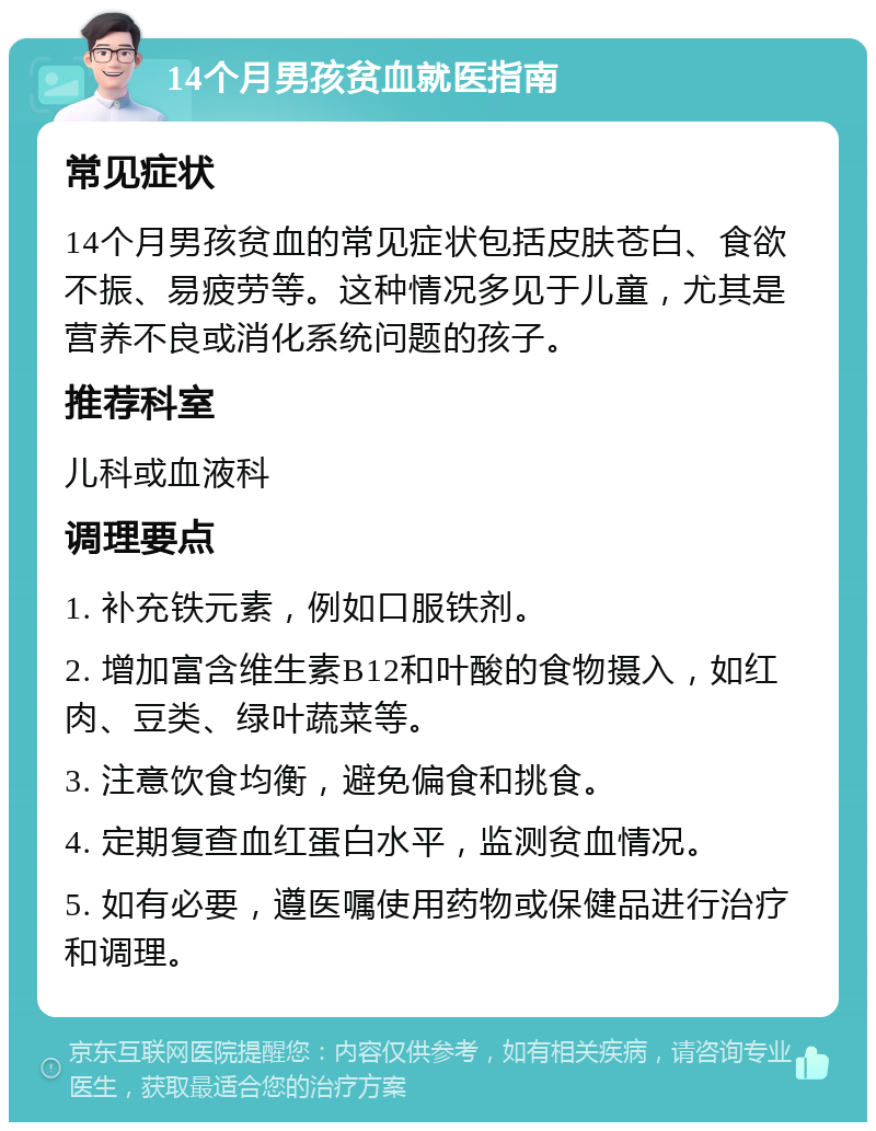 14个月男孩贫血就医指南 常见症状 14个月男孩贫血的常见症状包括皮肤苍白、食欲不振、易疲劳等。这种情况多见于儿童，尤其是营养不良或消化系统问题的孩子。 推荐科室 儿科或血液科 调理要点 1. 补充铁元素，例如口服铁剂。 2. 增加富含维生素B12和叶酸的食物摄入，如红肉、豆类、绿叶蔬菜等。 3. 注意饮食均衡，避免偏食和挑食。 4. 定期复查血红蛋白水平，监测贫血情况。 5. 如有必要，遵医嘱使用药物或保健品进行治疗和调理。