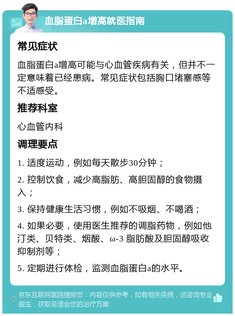 血脂蛋白a增高就医指南 常见症状 血脂蛋白a增高可能与心血管疾病有关，但并不一定意味着已经患病。常见症状包括胸口堵塞感等不适感受。 推荐科室 心血管内科 调理要点 1. 适度运动，例如每天散步30分钟； 2. 控制饮食，减少高脂肪、高胆固醇的食物摄入； 3. 保持健康生活习惯，例如不吸烟、不喝酒； 4. 如果必要，使用医生推荐的调脂药物，例如他汀类、贝特类、烟酸、ω-3 脂肪酸及胆固醇吸收抑制剂等； 5. 定期进行体检，监测血脂蛋白a的水平。