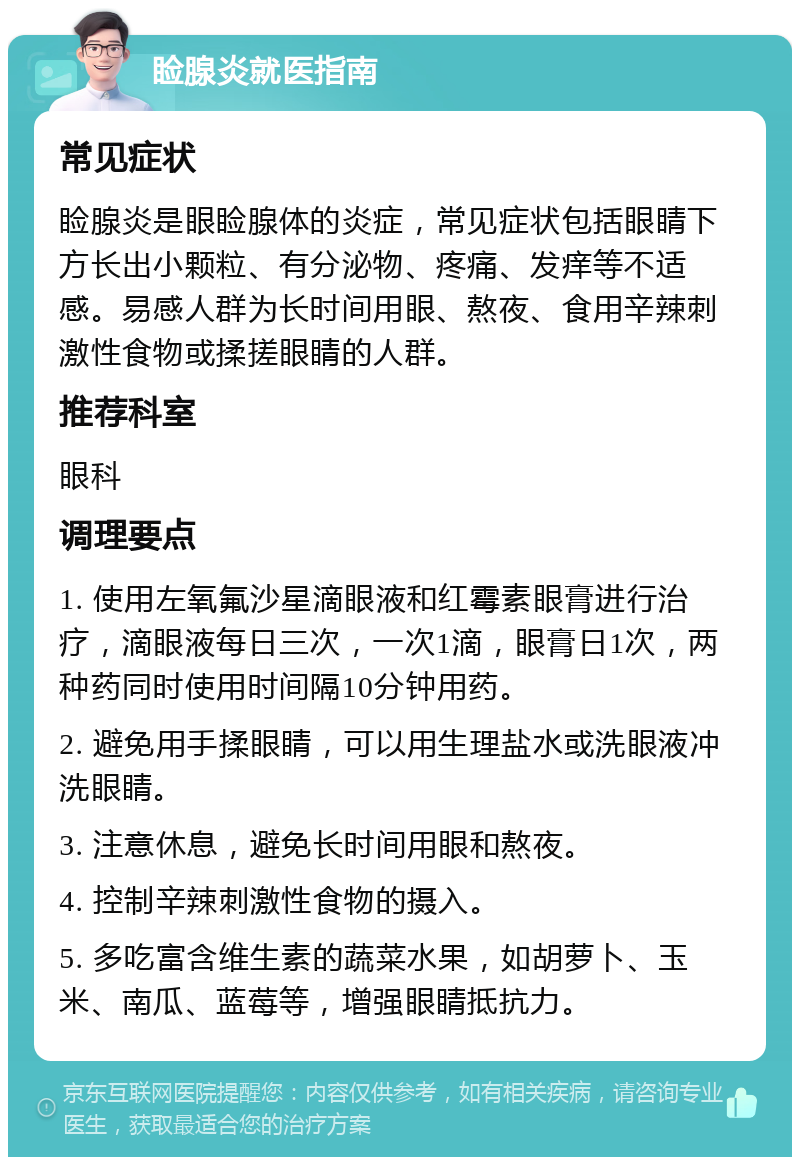 睑腺炎就医指南 常见症状 睑腺炎是眼睑腺体的炎症，常见症状包括眼睛下方长出小颗粒、有分泌物、疼痛、发痒等不适感。易感人群为长时间用眼、熬夜、食用辛辣刺激性食物或揉搓眼睛的人群。 推荐科室 眼科 调理要点 1. 使用左氧氟沙星滴眼液和红霉素眼膏进行治疗，滴眼液每日三次，一次1滴，眼膏日1次，两种药同时使用时间隔10分钟用药。 2. 避免用手揉眼睛，可以用生理盐水或洗眼液冲洗眼睛。 3. 注意休息，避免长时间用眼和熬夜。 4. 控制辛辣刺激性食物的摄入。 5. 多吃富含维生素的蔬菜水果，如胡萝卜、玉米、南瓜、蓝莓等，增强眼睛抵抗力。