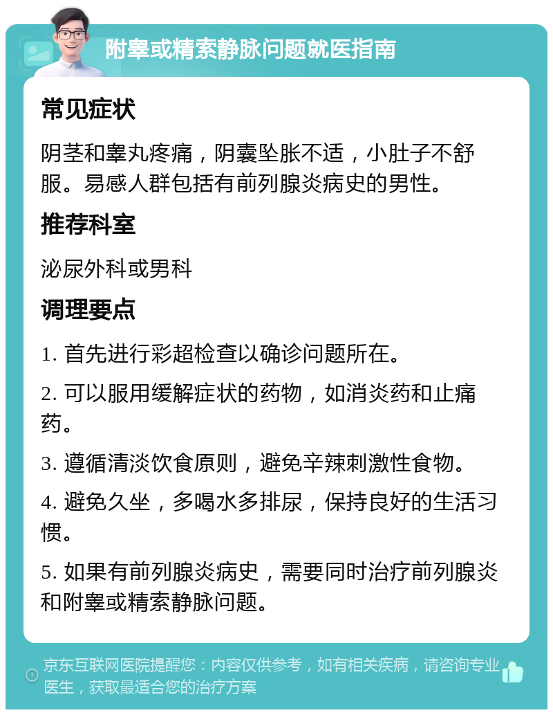 附睾或精索静脉问题就医指南 常见症状 阴茎和睾丸疼痛，阴囊坠胀不适，小肚子不舒服。易感人群包括有前列腺炎病史的男性。 推荐科室 泌尿外科或男科 调理要点 1. 首先进行彩超检查以确诊问题所在。 2. 可以服用缓解症状的药物，如消炎药和止痛药。 3. 遵循清淡饮食原则，避免辛辣刺激性食物。 4. 避免久坐，多喝水多排尿，保持良好的生活习惯。 5. 如果有前列腺炎病史，需要同时治疗前列腺炎和附睾或精索静脉问题。