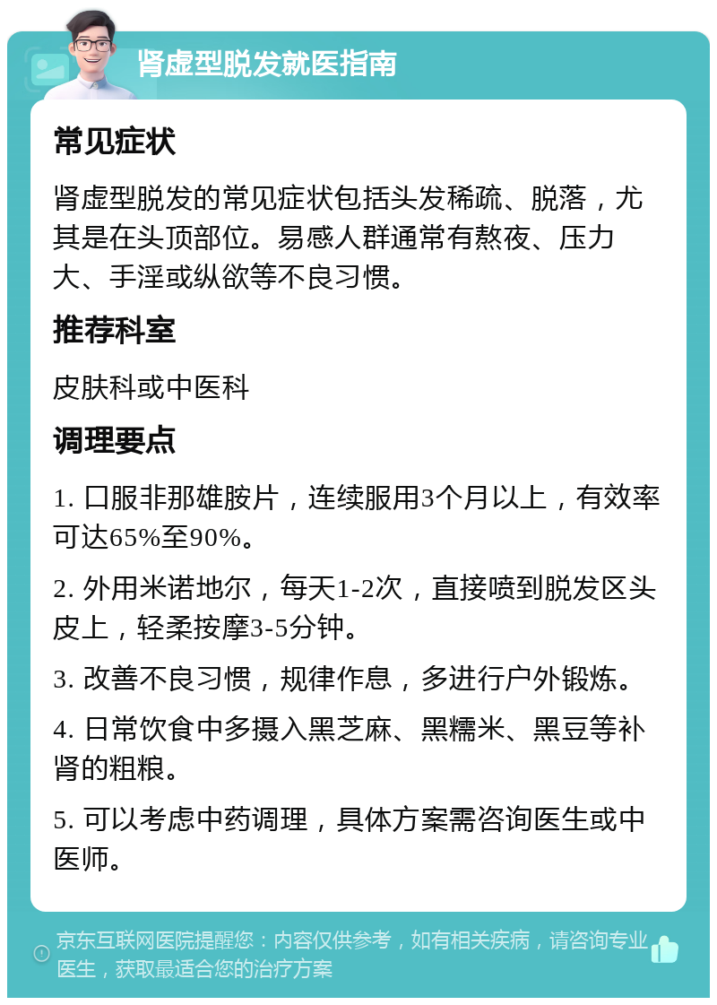 肾虚型脱发就医指南 常见症状 肾虚型脱发的常见症状包括头发稀疏、脱落，尤其是在头顶部位。易感人群通常有熬夜、压力大、手淫或纵欲等不良习惯。 推荐科室 皮肤科或中医科 调理要点 1. 口服非那雄胺片，连续服用3个月以上，有效率可达65%至90%。 2. 外用米诺地尔，每天1-2次，直接喷到脱发区头皮上，轻柔按摩3-5分钟。 3. 改善不良习惯，规律作息，多进行户外锻炼。 4. 日常饮食中多摄入黑芝麻、黑糯米、黑豆等补肾的粗粮。 5. 可以考虑中药调理，具体方案需咨询医生或中医师。