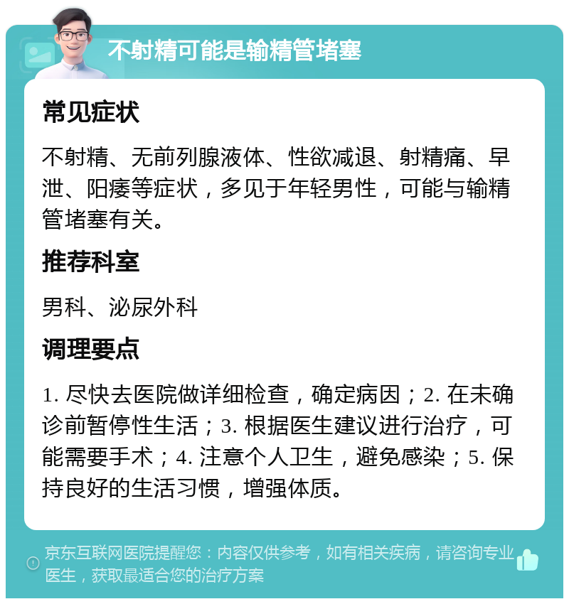 不射精可能是输精管堵塞 常见症状 不射精、无前列腺液体、性欲减退、射精痛、早泄、阳痿等症状，多见于年轻男性，可能与输精管堵塞有关。 推荐科室 男科、泌尿外科 调理要点 1. 尽快去医院做详细检查，确定病因；2. 在未确诊前暂停性生活；3. 根据医生建议进行治疗，可能需要手术；4. 注意个人卫生，避免感染；5. 保持良好的生活习惯，增强体质。