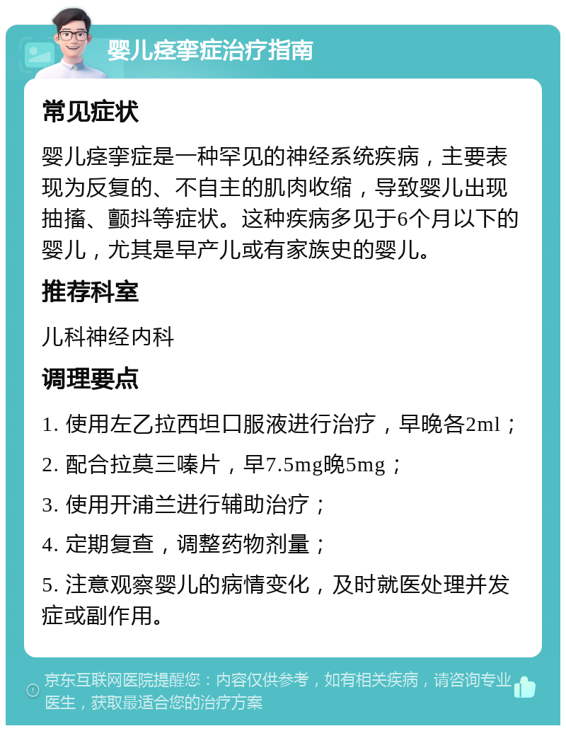 婴儿痉挛症治疗指南 常见症状 婴儿痉挛症是一种罕见的神经系统疾病，主要表现为反复的、不自主的肌肉收缩，导致婴儿出现抽搐、颤抖等症状。这种疾病多见于6个月以下的婴儿，尤其是早产儿或有家族史的婴儿。 推荐科室 儿科神经内科 调理要点 1. 使用左乙拉西坦口服液进行治疗，早晚各2ml； 2. 配合拉莫三嗪片，早7.5mg晚5mg； 3. 使用开浦兰进行辅助治疗； 4. 定期复查，调整药物剂量； 5. 注意观察婴儿的病情变化，及时就医处理并发症或副作用。