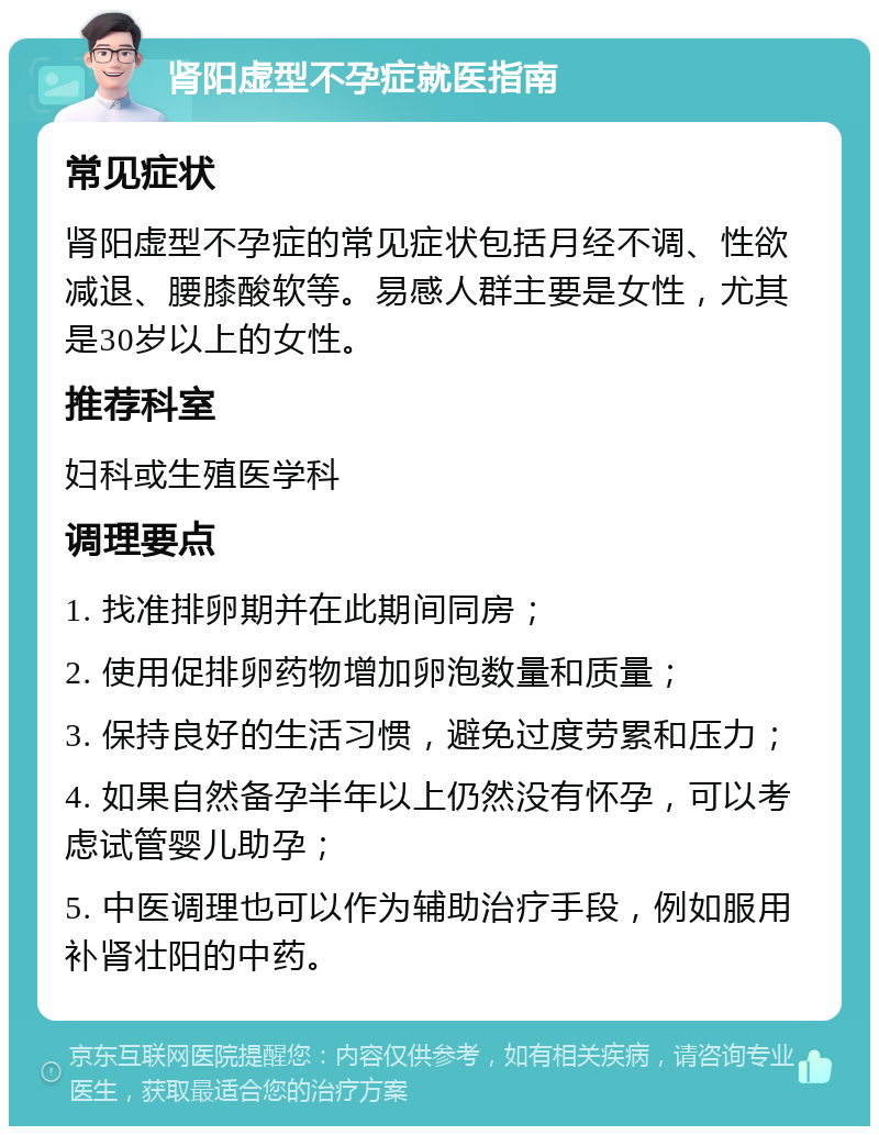 肾阳虚型不孕症就医指南 常见症状 肾阳虚型不孕症的常见症状包括月经不调、性欲减退、腰膝酸软等。易感人群主要是女性，尤其是30岁以上的女性。 推荐科室 妇科或生殖医学科 调理要点 1. 找准排卵期并在此期间同房； 2. 使用促排卵药物增加卵泡数量和质量； 3. 保持良好的生活习惯，避免过度劳累和压力； 4. 如果自然备孕半年以上仍然没有怀孕，可以考虑试管婴儿助孕； 5. 中医调理也可以作为辅助治疗手段，例如服用补肾壮阳的中药。