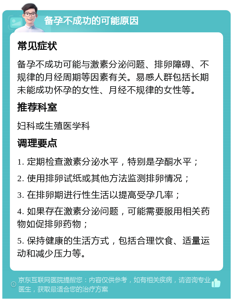 备孕不成功的可能原因 常见症状 备孕不成功可能与激素分泌问题、排卵障碍、不规律的月经周期等因素有关。易感人群包括长期未能成功怀孕的女性、月经不规律的女性等。 推荐科室 妇科或生殖医学科 调理要点 1. 定期检查激素分泌水平，特别是孕酮水平； 2. 使用排卵试纸或其他方法监测排卵情况； 3. 在排卵期进行性生活以提高受孕几率； 4. 如果存在激素分泌问题，可能需要服用相关药物如促排卵药物； 5. 保持健康的生活方式，包括合理饮食、适量运动和减少压力等。