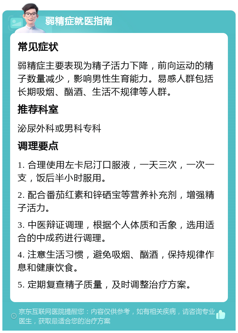 弱精症就医指南 常见症状 弱精症主要表现为精子活力下降，前向运动的精子数量减少，影响男性生育能力。易感人群包括长期吸烟、酗酒、生活不规律等人群。 推荐科室 泌尿外科或男科专科 调理要点 1. 合理使用左卡尼汀口服液，一天三次，一次一支，饭后半小时服用。 2. 配合番茄红素和锌硒宝等营养补充剂，增强精子活力。 3. 中医辩证调理，根据个人体质和舌象，选用适合的中成药进行调理。 4. 注意生活习惯，避免吸烟、酗酒，保持规律作息和健康饮食。 5. 定期复查精子质量，及时调整治疗方案。