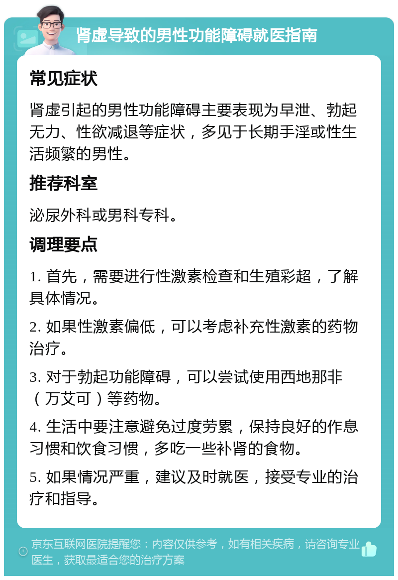 肾虚导致的男性功能障碍就医指南 常见症状 肾虚引起的男性功能障碍主要表现为早泄、勃起无力、性欲减退等症状，多见于长期手淫或性生活频繁的男性。 推荐科室 泌尿外科或男科专科。 调理要点 1. 首先，需要进行性激素检查和生殖彩超，了解具体情况。 2. 如果性激素偏低，可以考虑补充性激素的药物治疗。 3. 对于勃起功能障碍，可以尝试使用西地那非（万艾可）等药物。 4. 生活中要注意避免过度劳累，保持良好的作息习惯和饮食习惯，多吃一些补肾的食物。 5. 如果情况严重，建议及时就医，接受专业的治疗和指导。