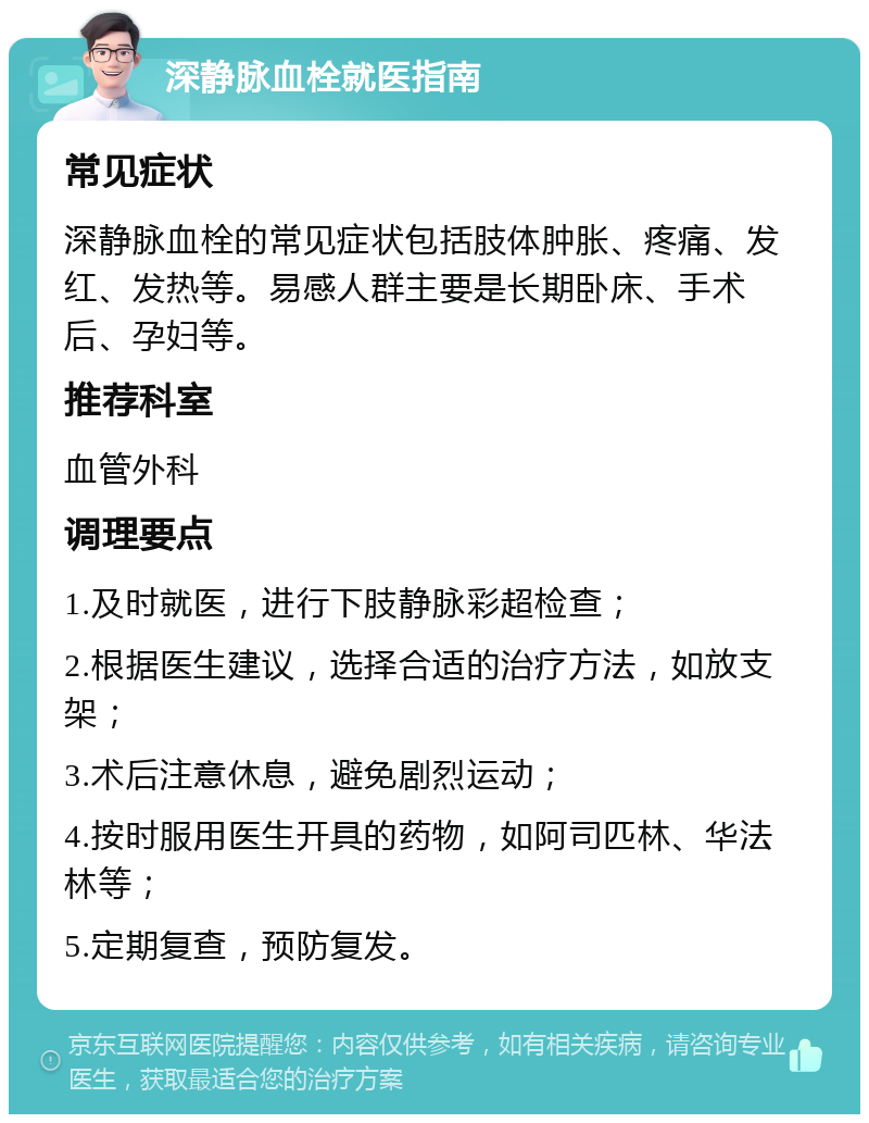 深静脉血栓就医指南 常见症状 深静脉血栓的常见症状包括肢体肿胀、疼痛、发红、发热等。易感人群主要是长期卧床、手术后、孕妇等。 推荐科室 血管外科 调理要点 1.及时就医，进行下肢静脉彩超检查； 2.根据医生建议，选择合适的治疗方法，如放支架； 3.术后注意休息，避免剧烈运动； 4.按时服用医生开具的药物，如阿司匹林、华法林等； 5.定期复查，预防复发。